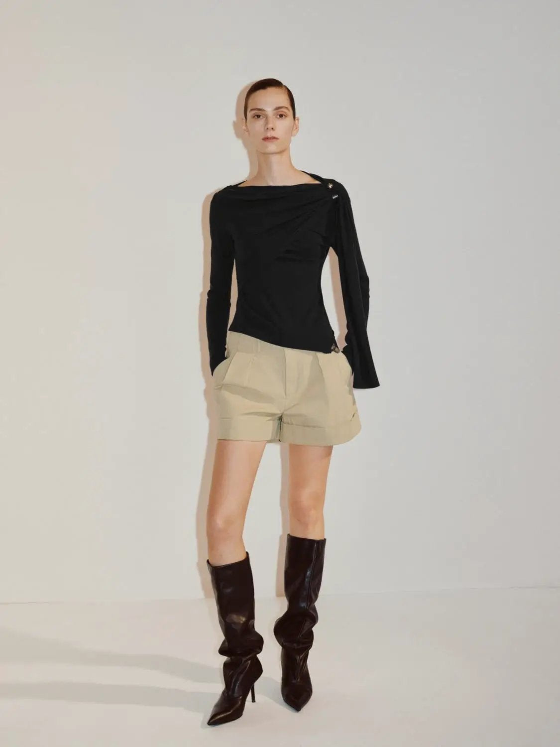 Draped One-Shoulder Long Sleeve Blouse