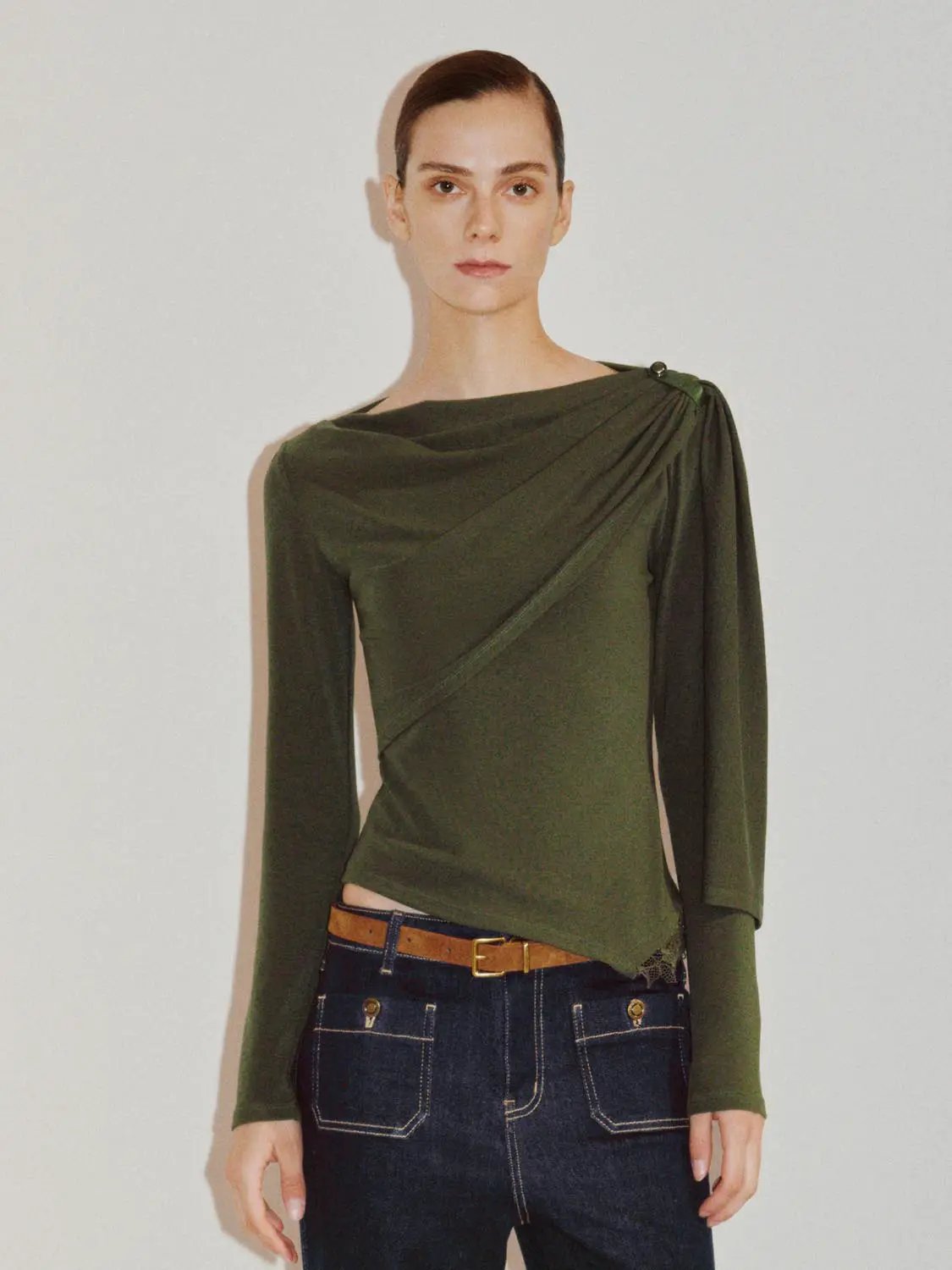 Draped One-Shoulder Long Sleeve Blouse