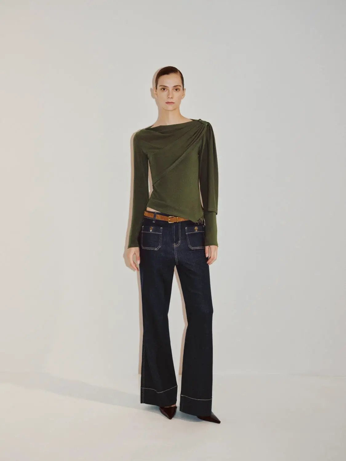 Draped One-Shoulder Long Sleeve Blouse