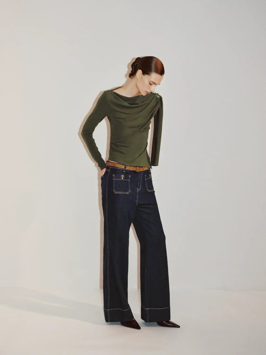 Draped One-Shoulder Long Sleeve Blouse