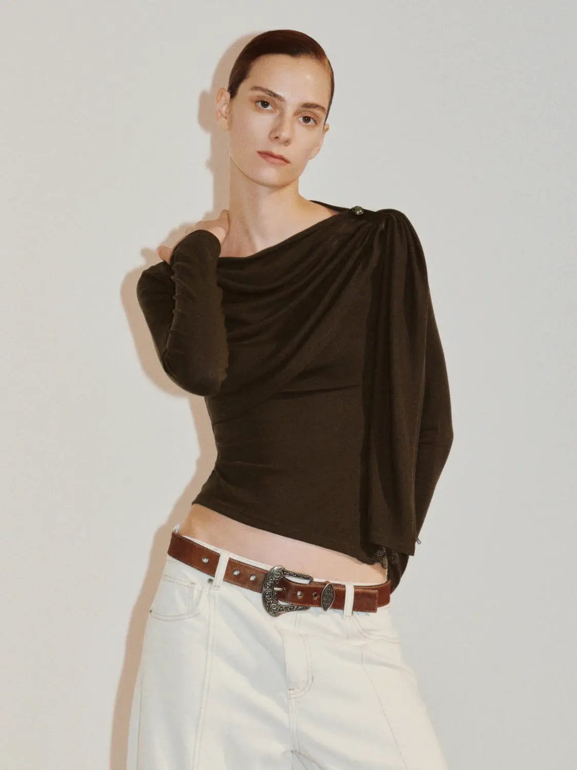 Draped One-Shoulder Long Sleeve Blouse