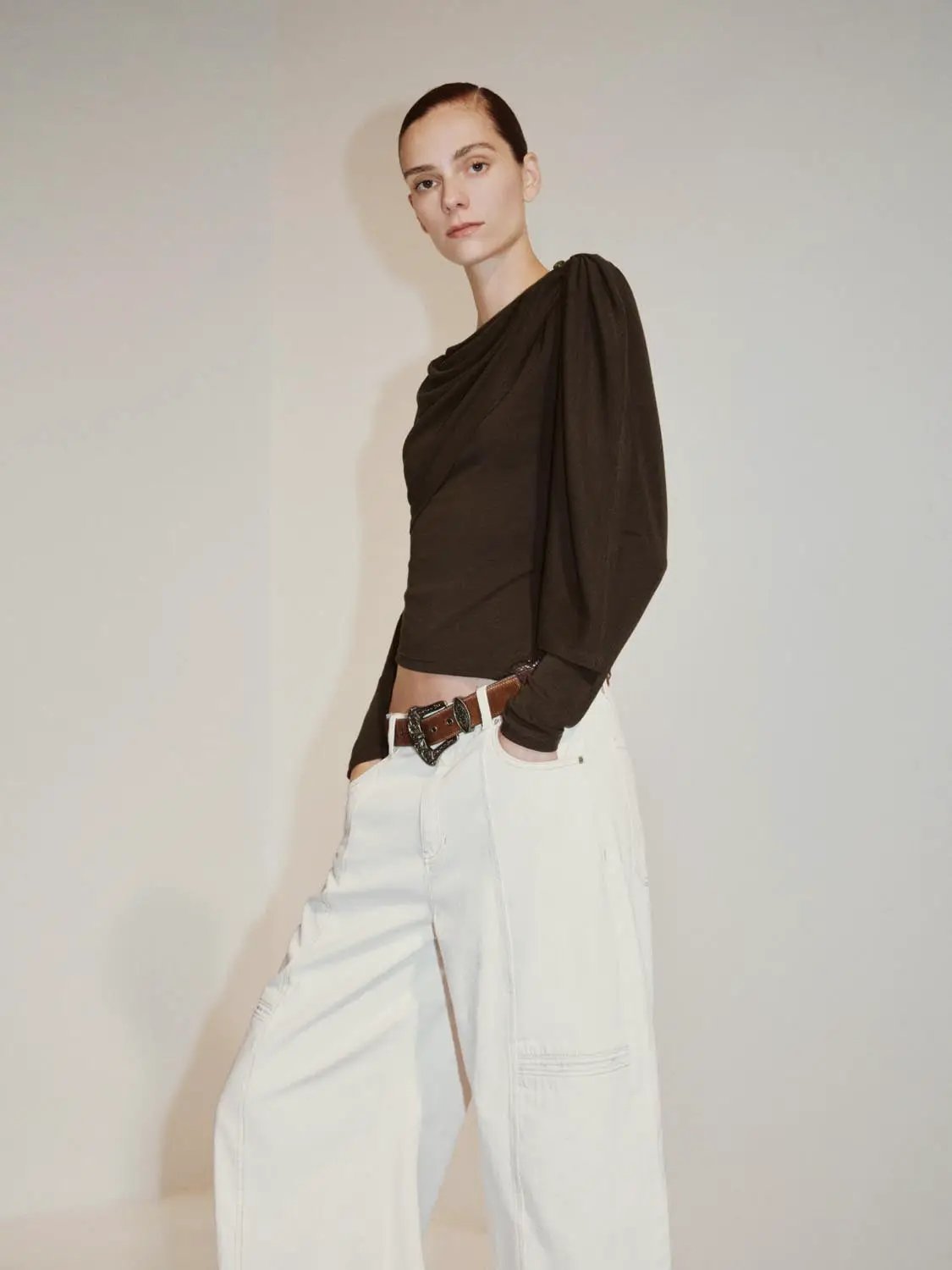 Draped One-Shoulder Long Sleeve Blouse