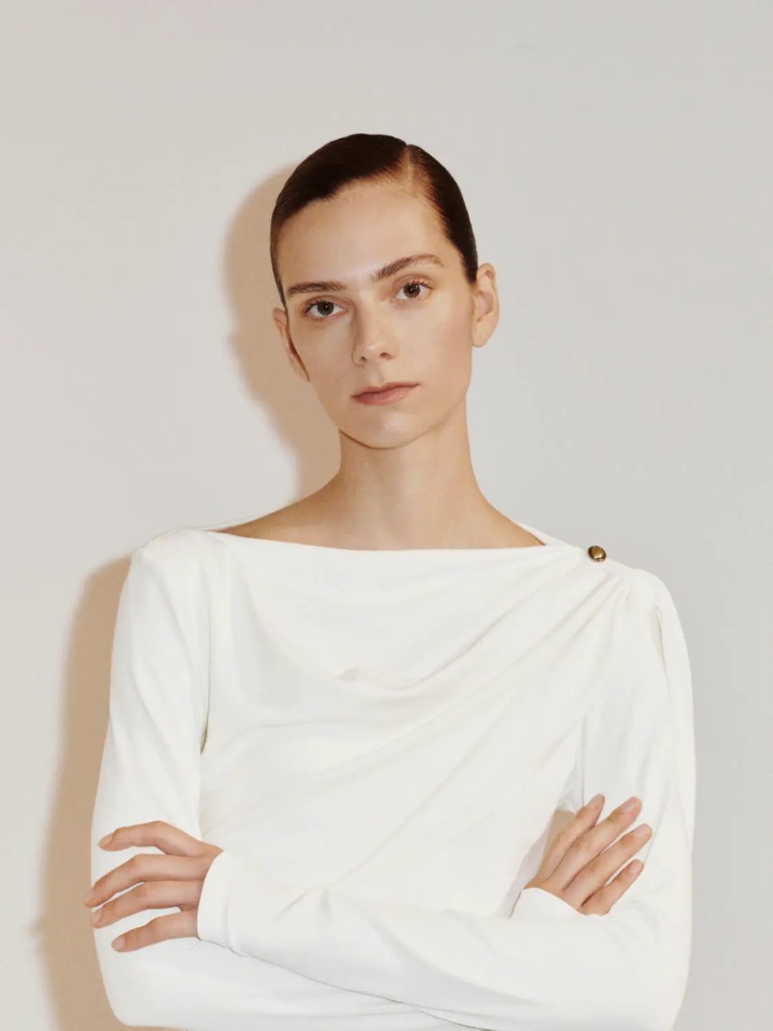 Draped One-Shoulder Long Sleeve Blouse