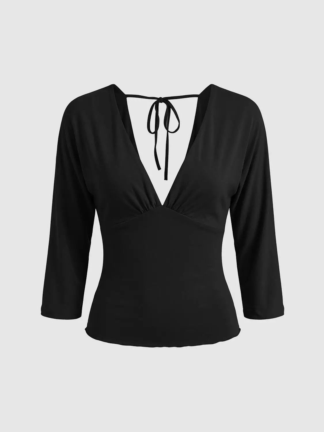 Solid Ruched Wrap Deep V-neck Long Sleeve Blouse