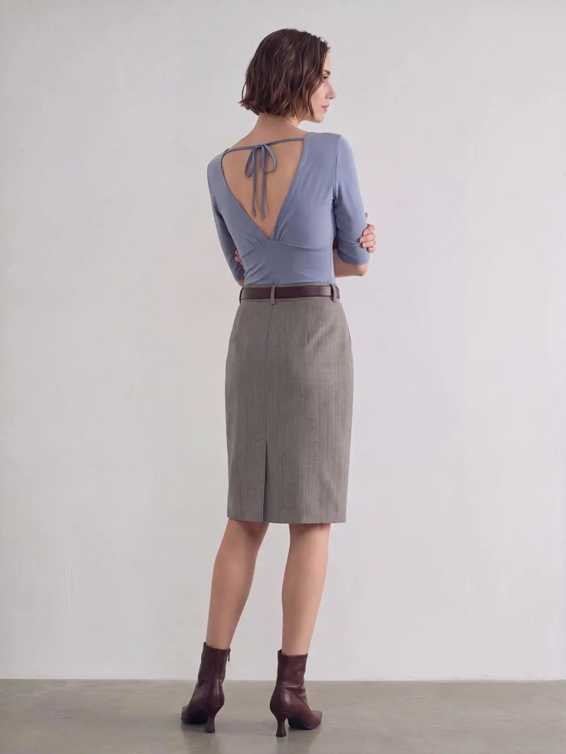Solid Ruched Wrap Deep V-neck Long Sleeve Blouse
