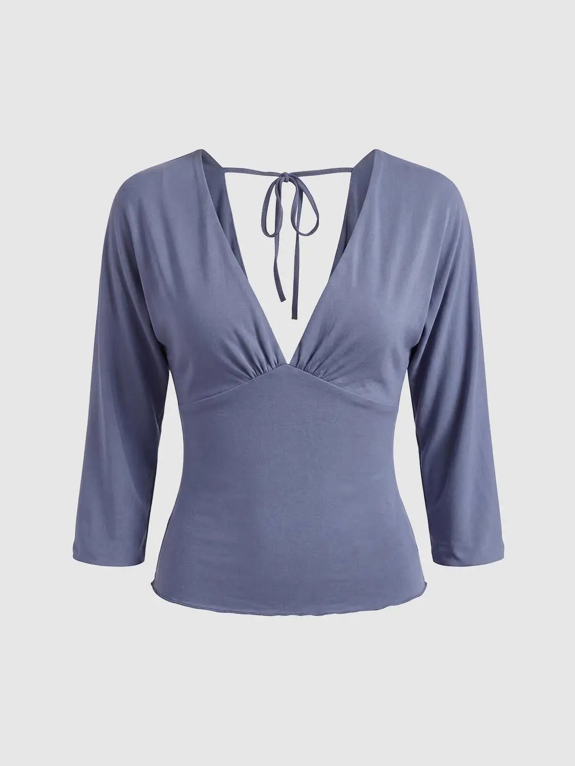 Solid Ruched Wrap Deep V-neck Long Sleeve Blouse