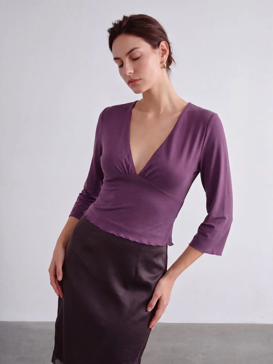 Solid Ruched Wrap Deep V-neck Long Sleeve Blouse