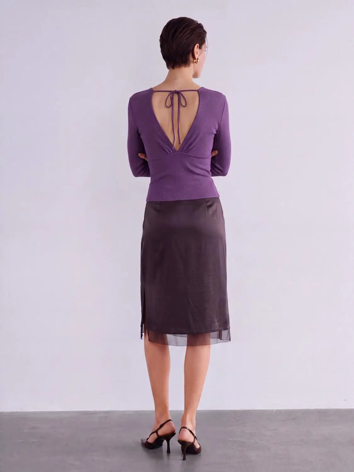 Solid Ruched Wrap Deep V-neck Long Sleeve Blouse