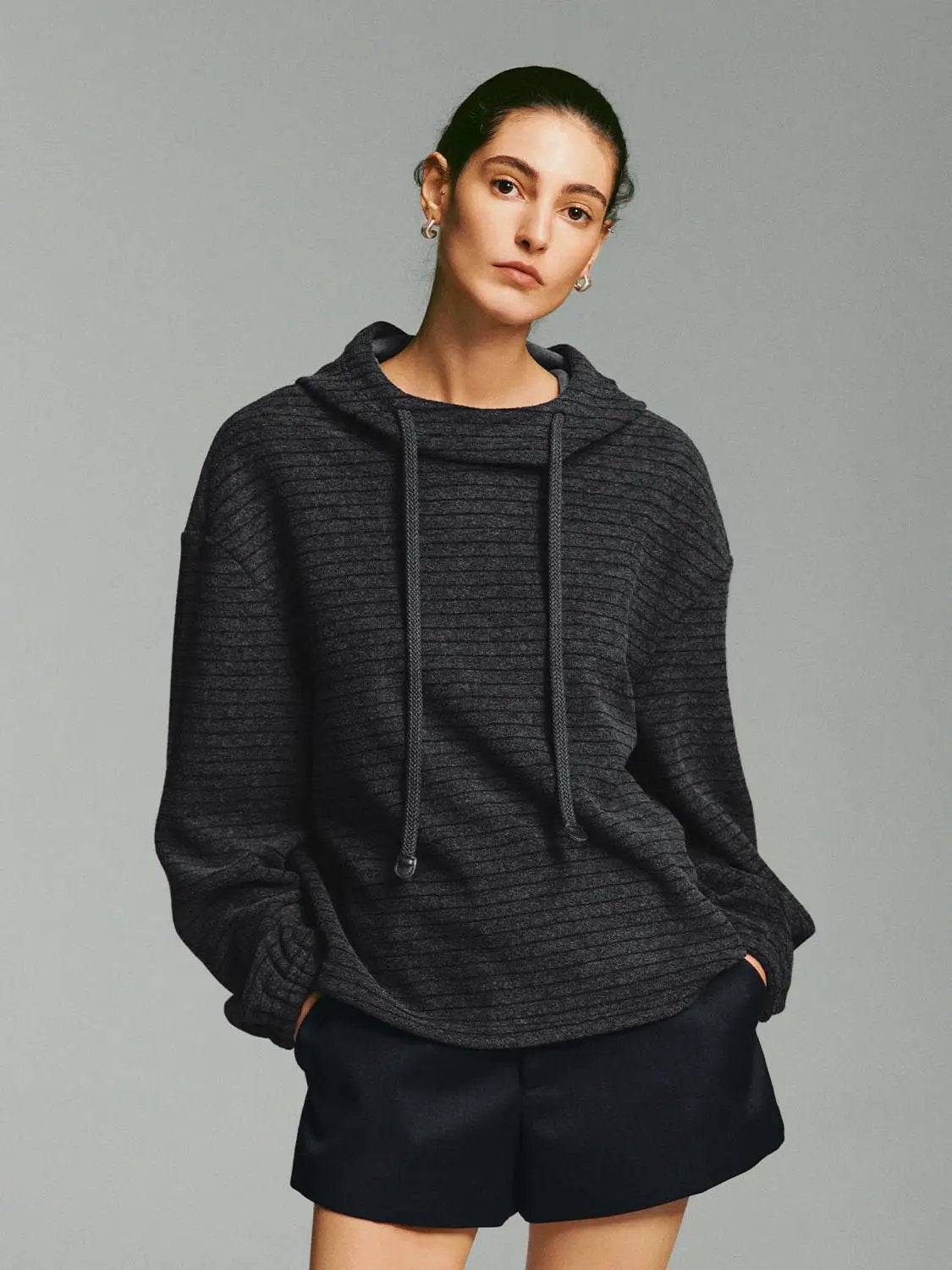 Drawstring Hood Ribbed Long Sleeve Hoodie