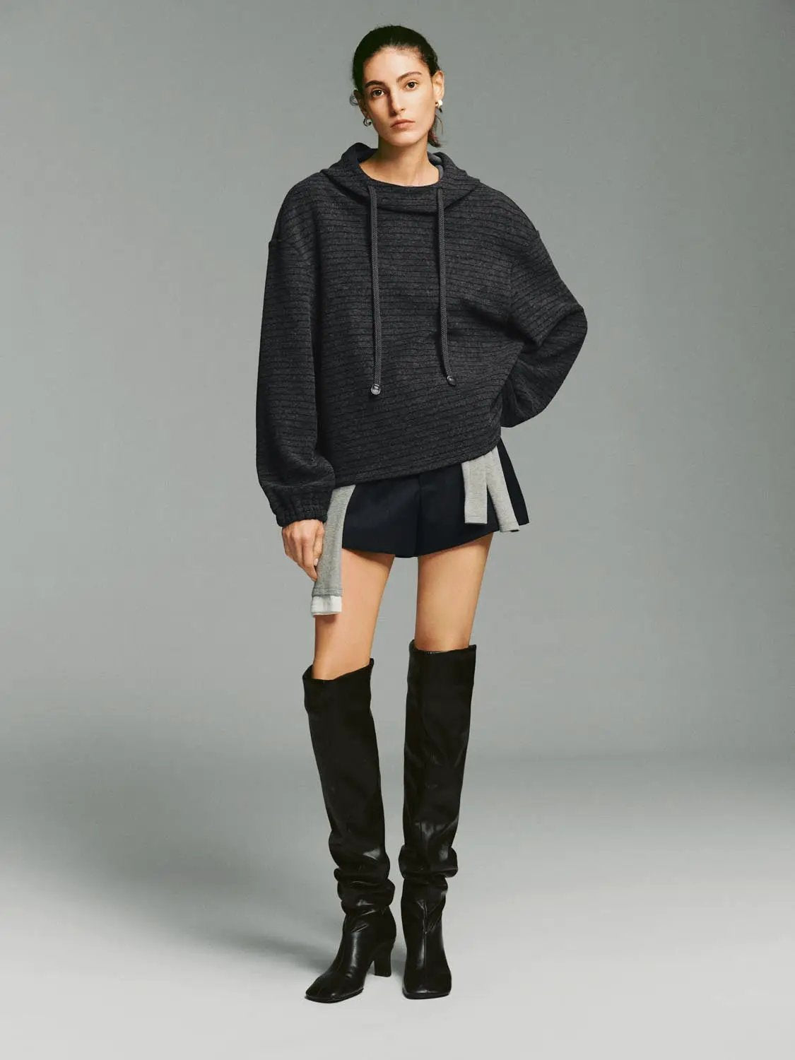 Drawstring Hood Ribbed Long Sleeve Hoodie
