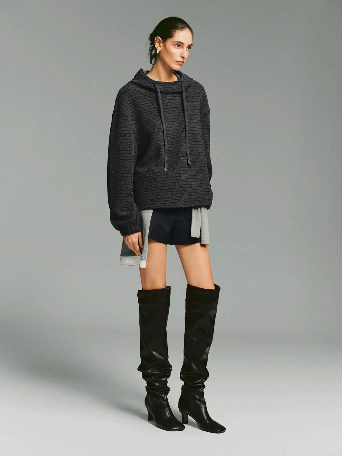 Drawstring Hood Ribbed Long Sleeve Hoodie