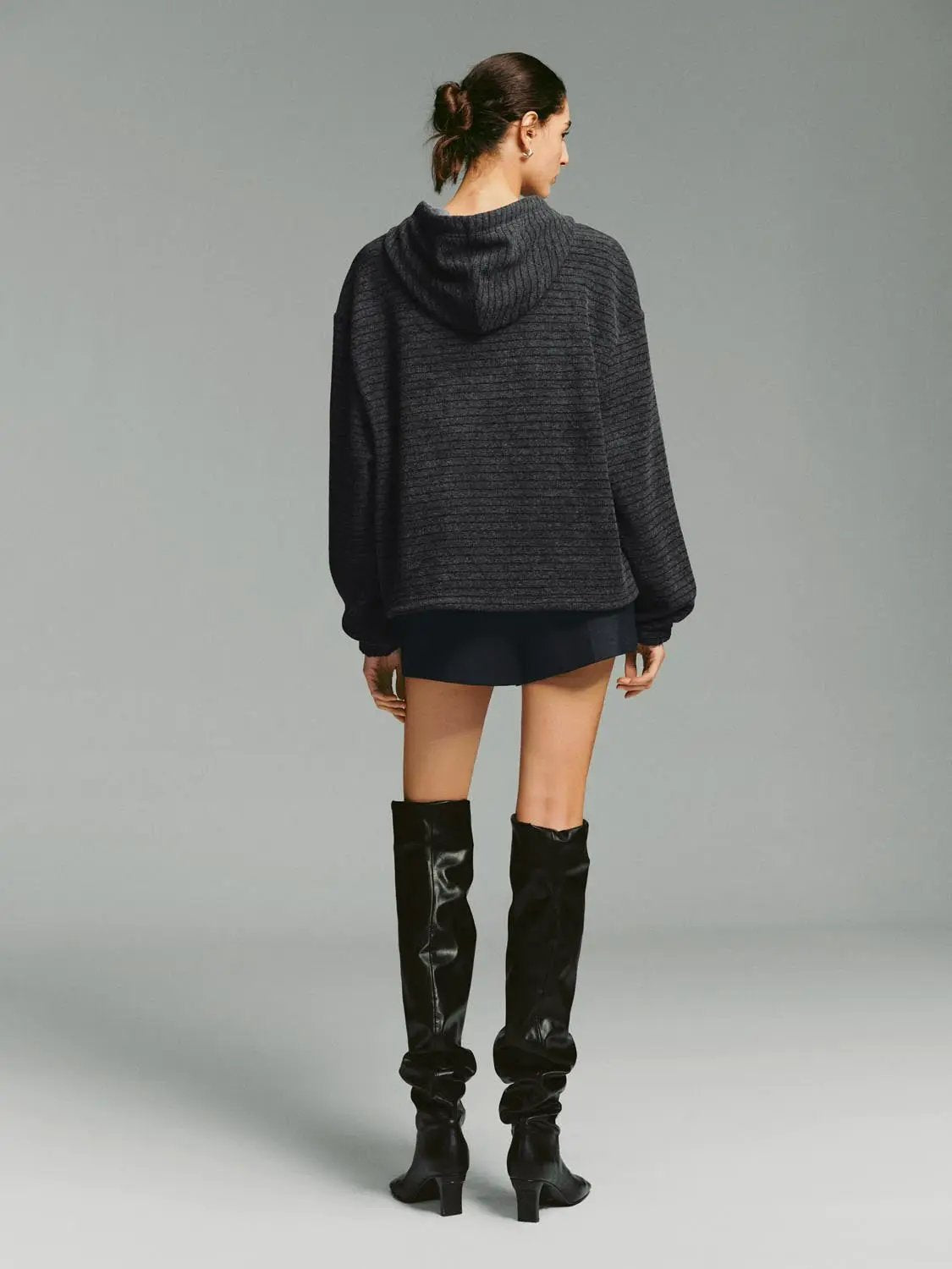 Drawstring Hood Ribbed Long Sleeve Hoodie