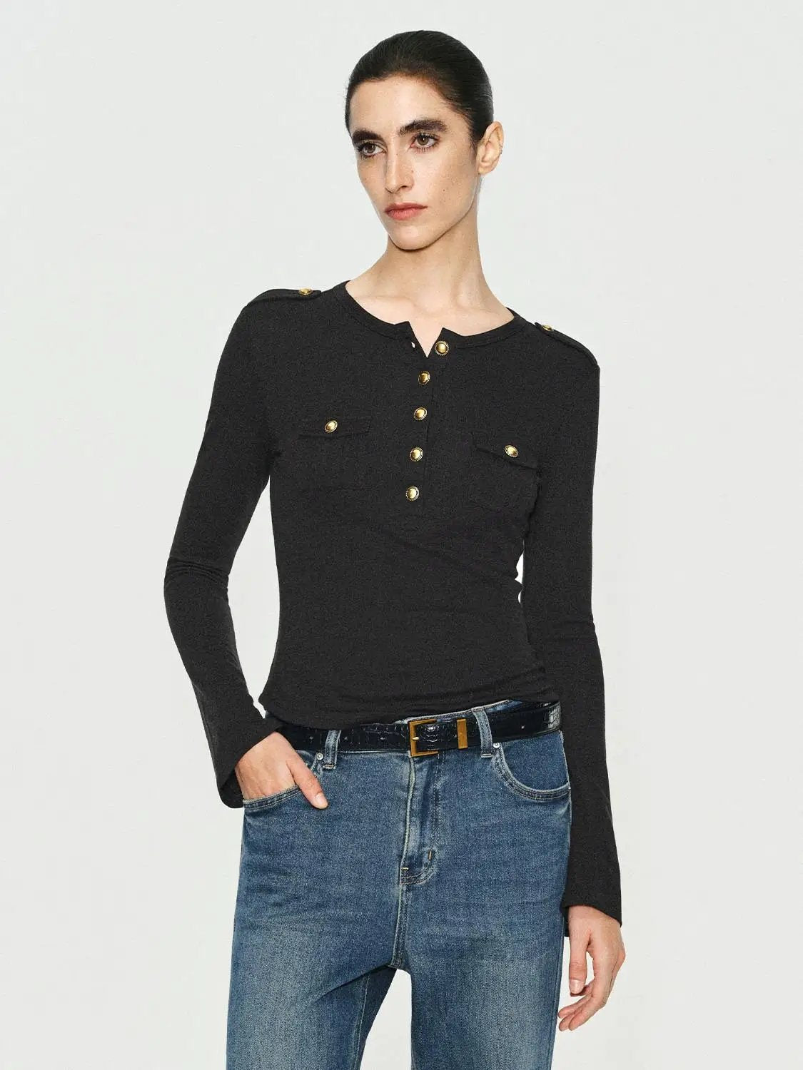 Crew Neck Button Front Pocket Long Sleeve T-shirt