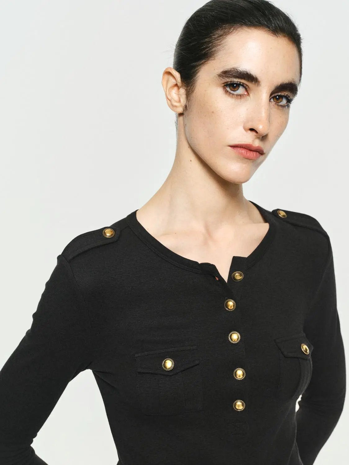 Crew Neck Button Front Pocket Long Sleeve T-shirt