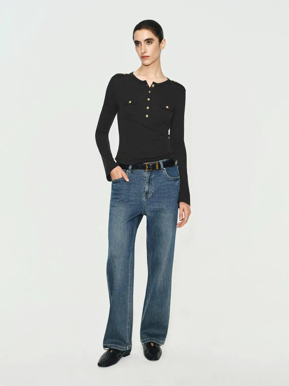 Crew Neck Button Front Pocket Long Sleeve T-shirt