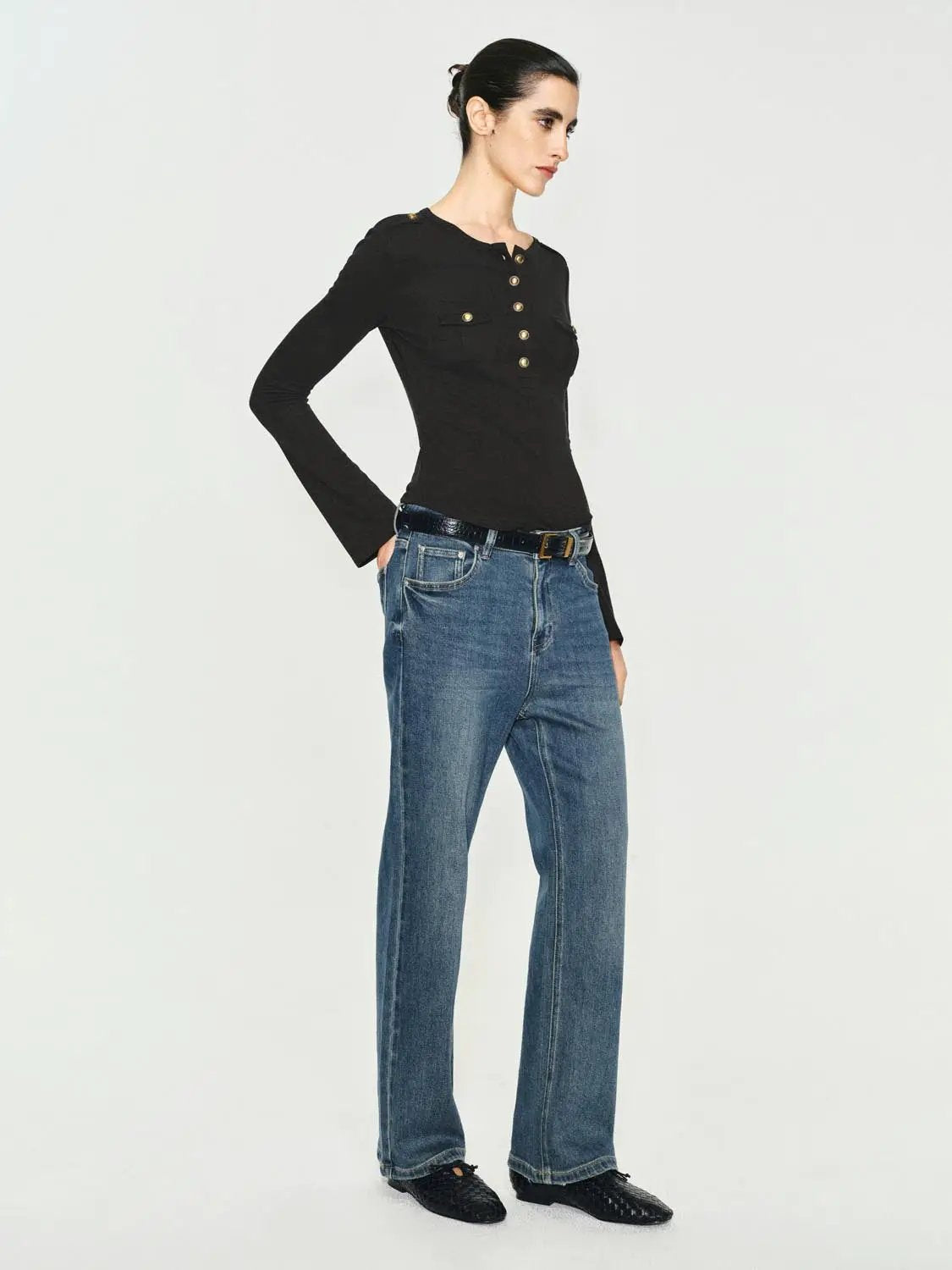 Crew Neck Button Front Pocket Long Sleeve T-shirt