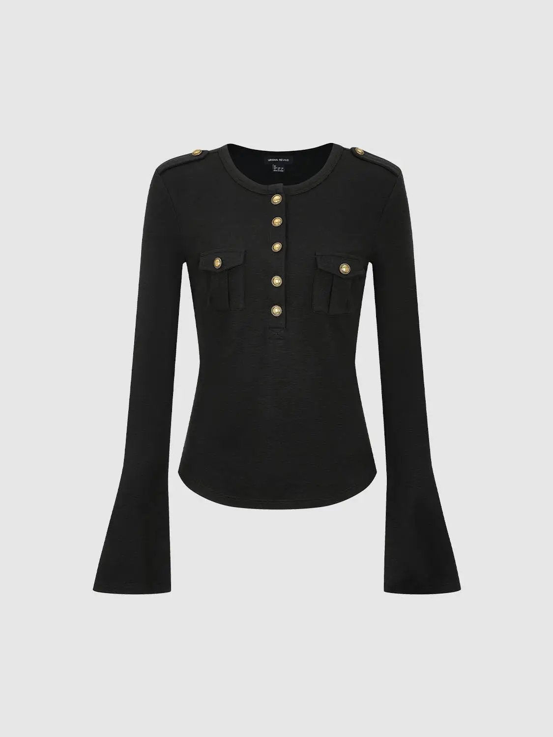Crew Neck Button Front Pocket Long Sleeve T-shirt