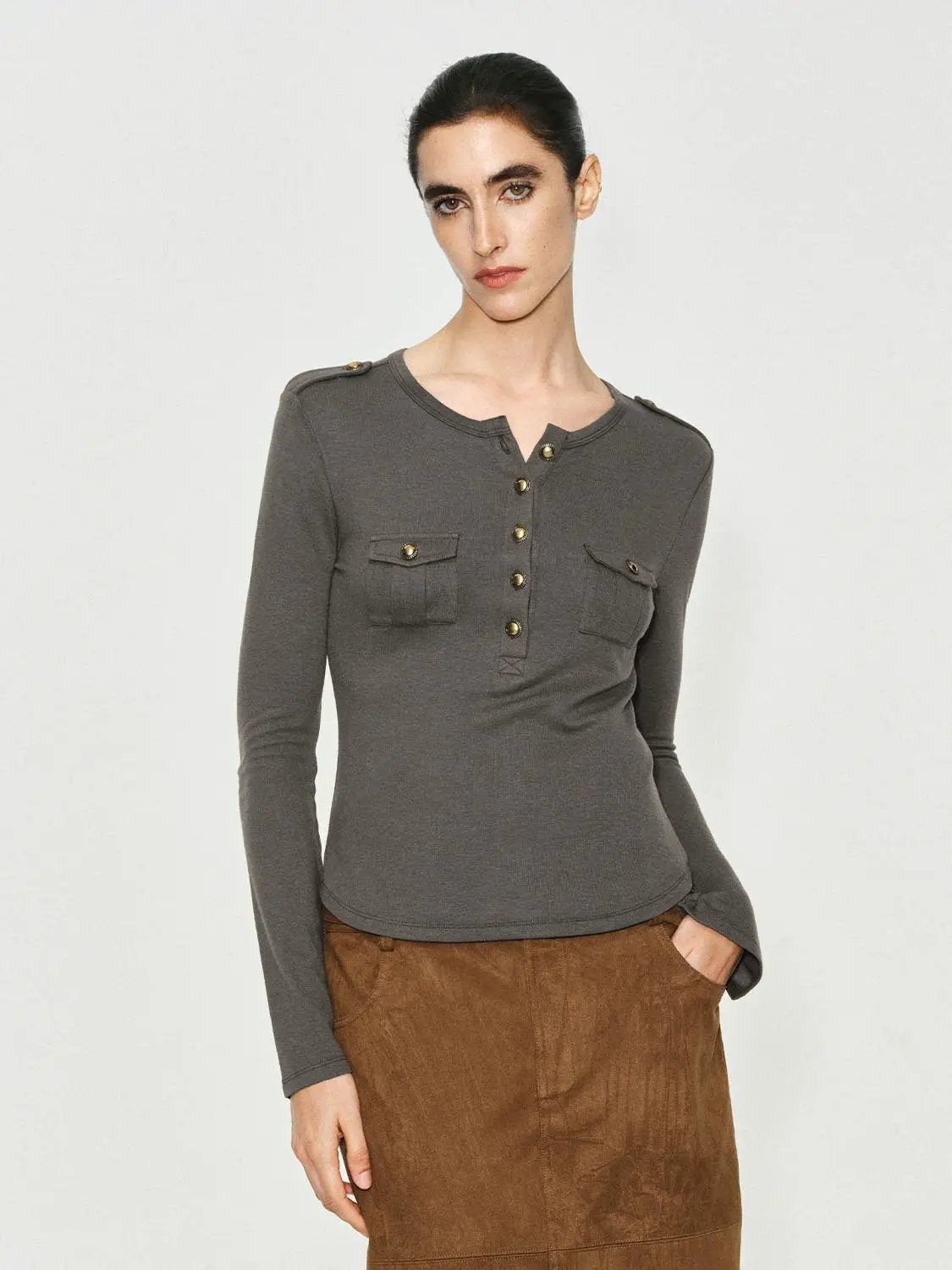 Crew Neck Button Front Pocket Long Sleeve T-shirt