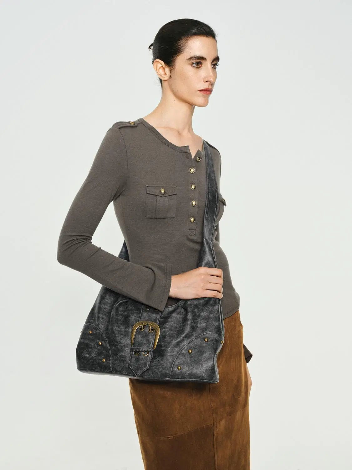 Crew Neck Button Front Pocket Long Sleeve T-shirt