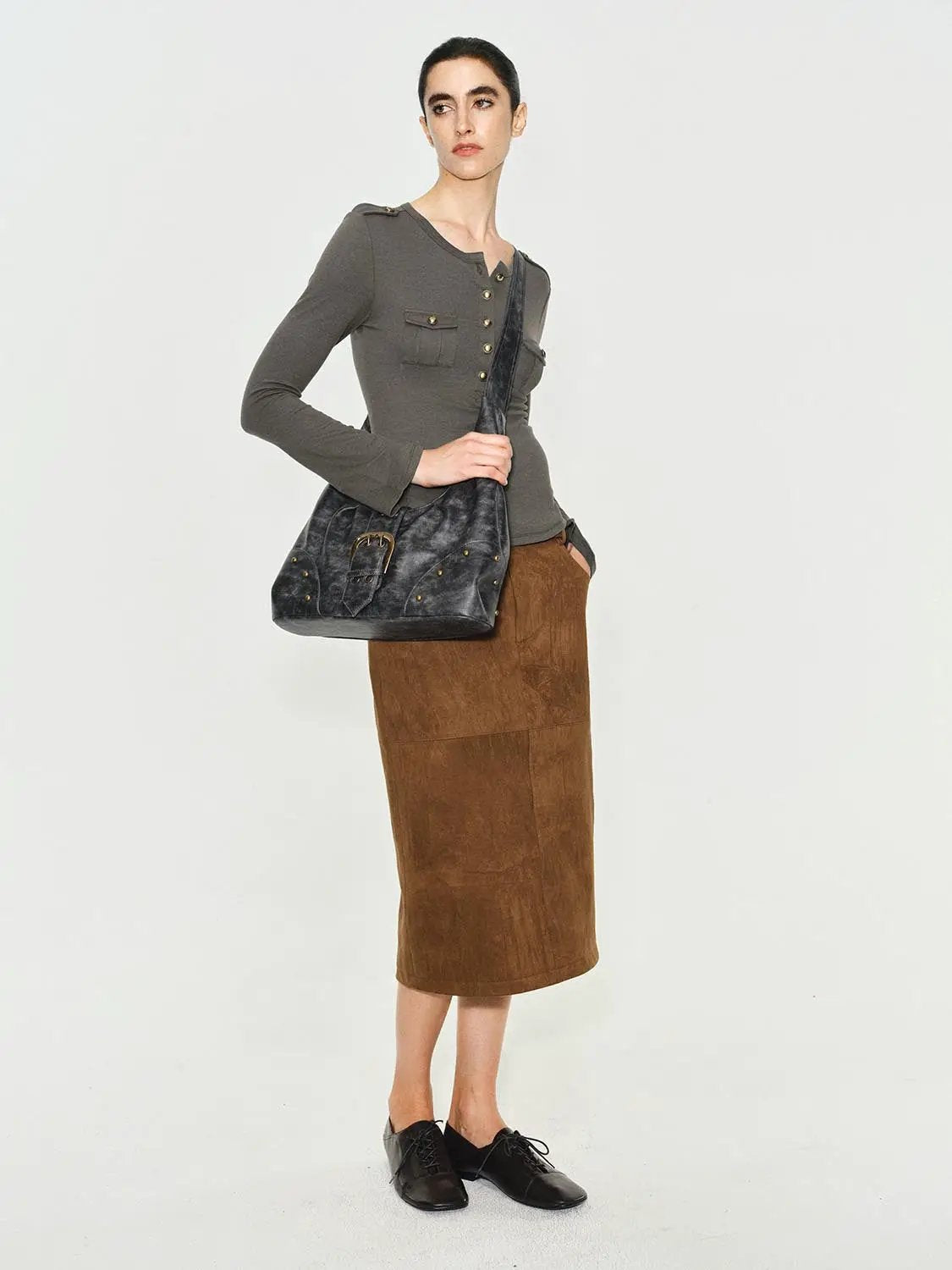 Crew Neck Button Front Pocket Long Sleeve T-shirt