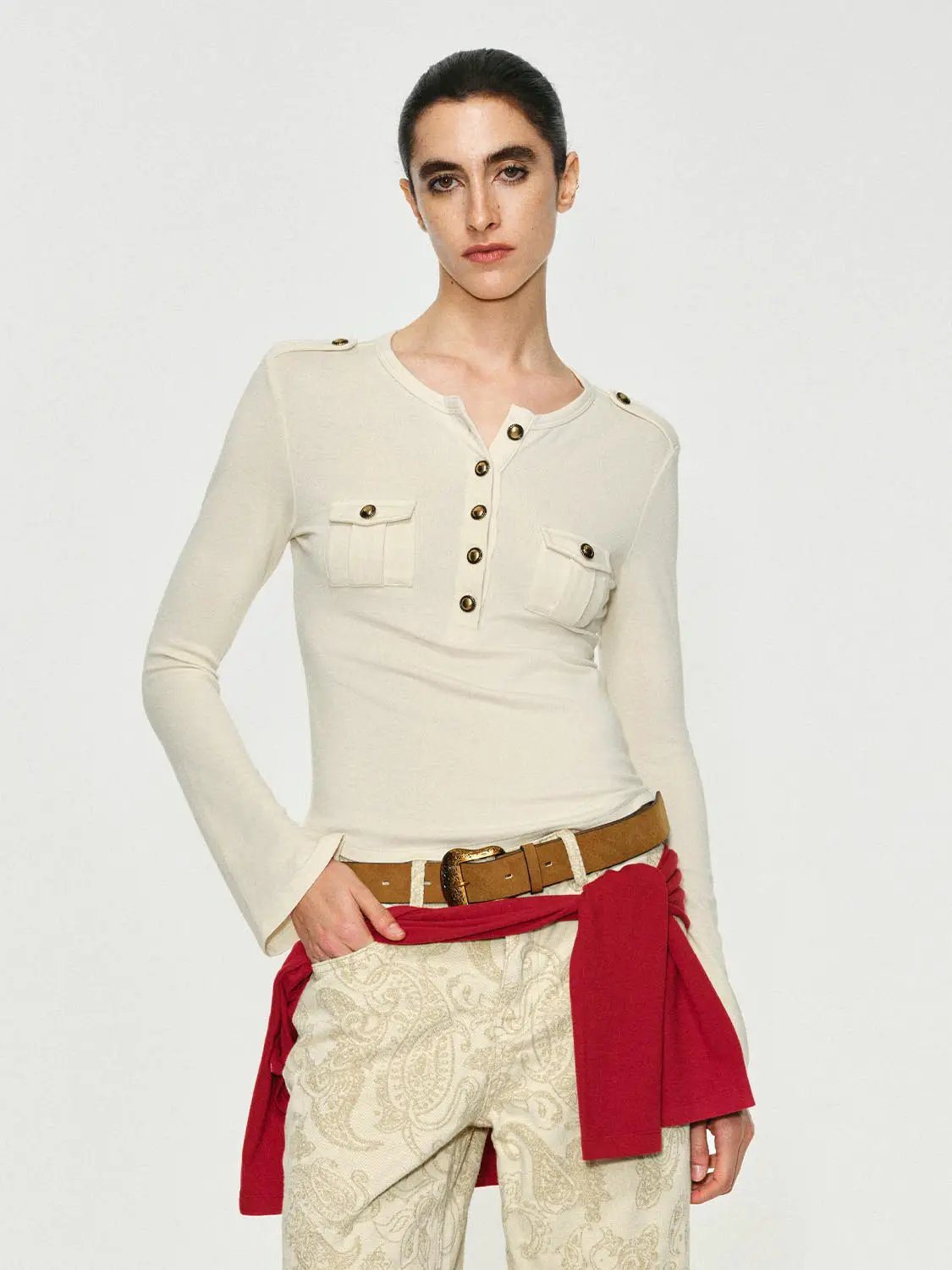 Crew Neck Button Front Pocket Long Sleeve T-shirt