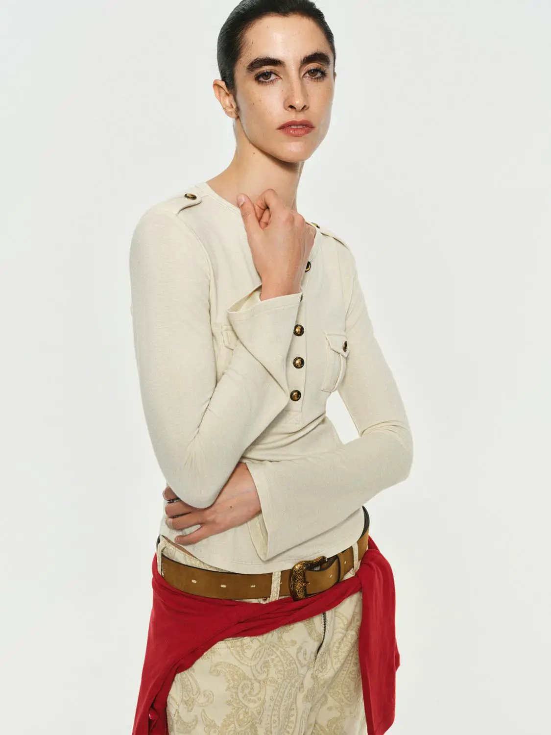 Crew Neck Button Front Pocket Long Sleeve T-shirt