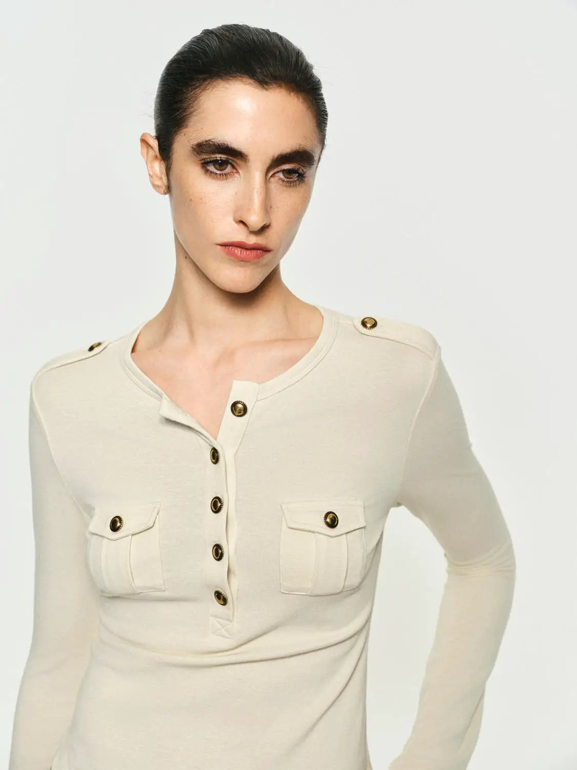 Crew Neck Button Front Pocket Long Sleeve T-shirt