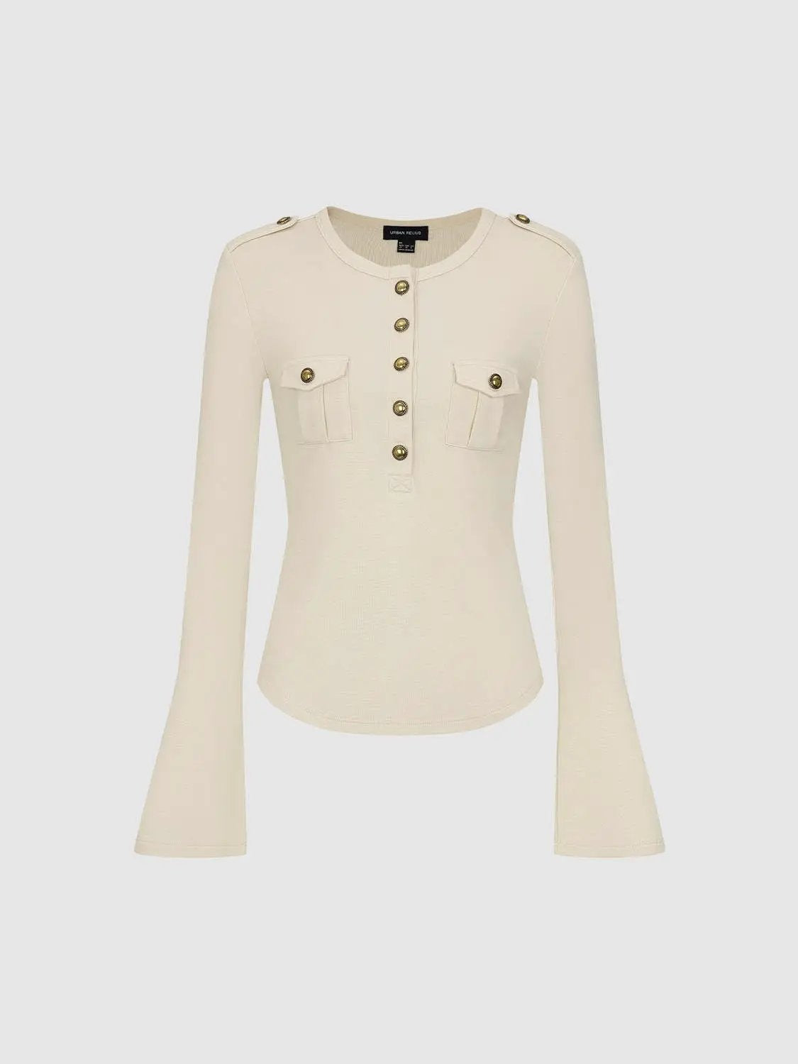 Crew Neck Button Front Pocket Long Sleeve T-shirt