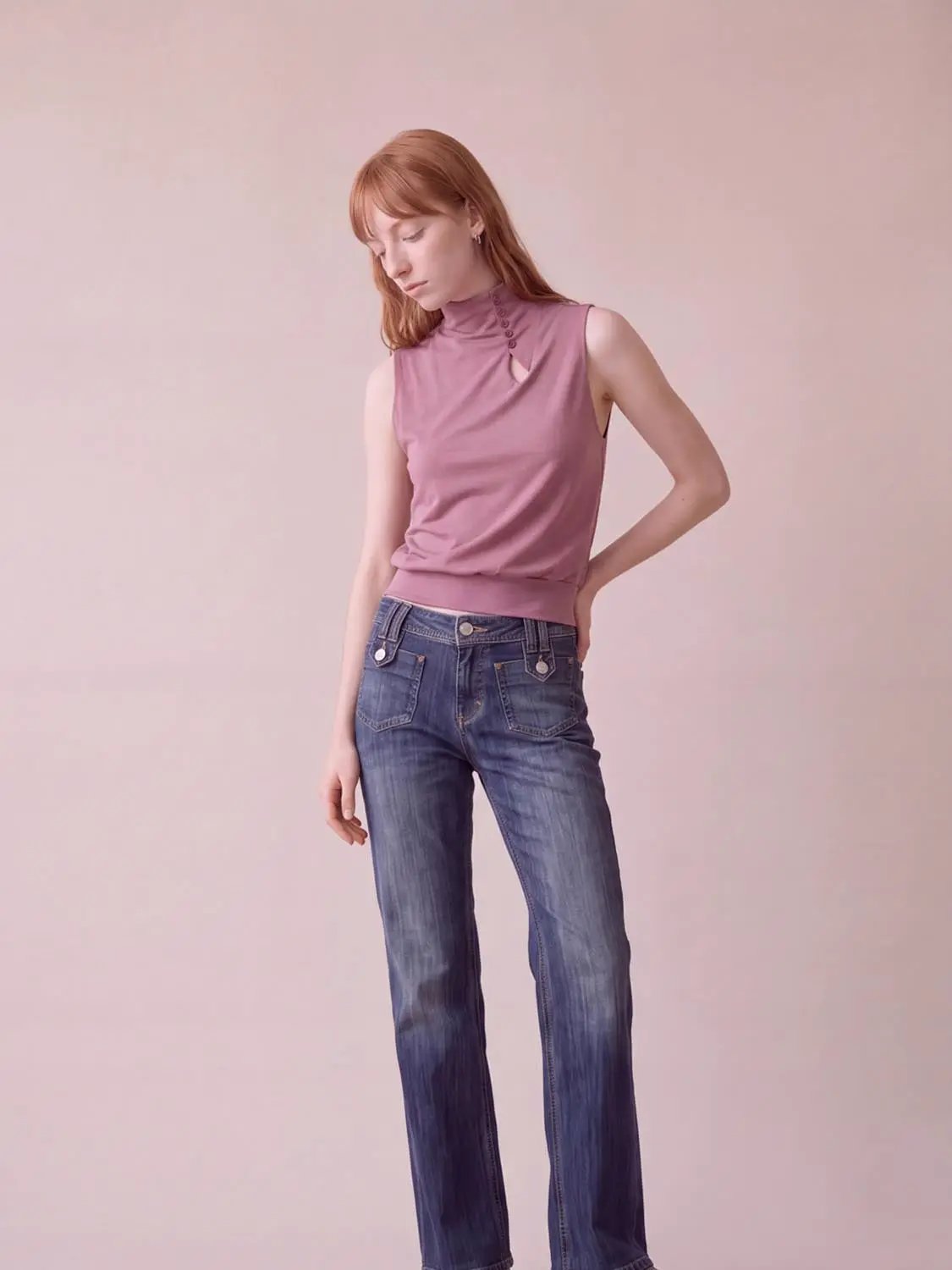 Keyhole Button Ribbed Hem Mock Neck Sleeveless Top