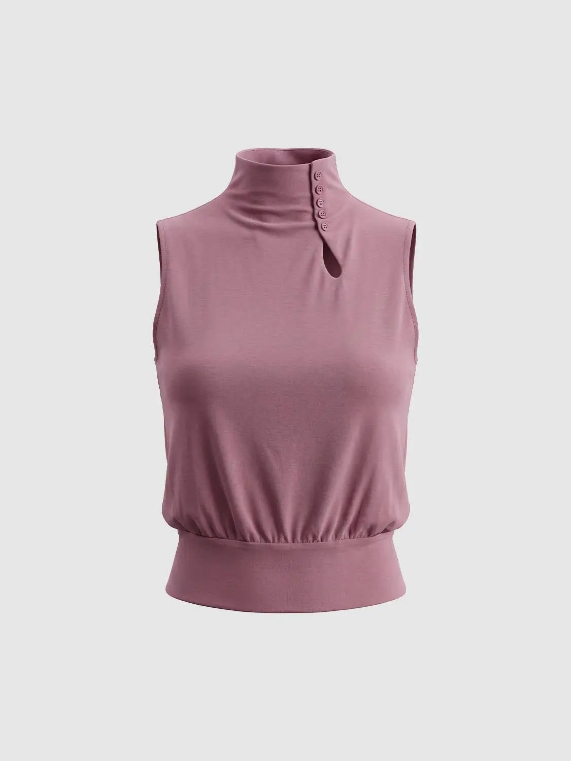 Keyhole Button Ribbed Hem Mock Neck Sleeveless Top