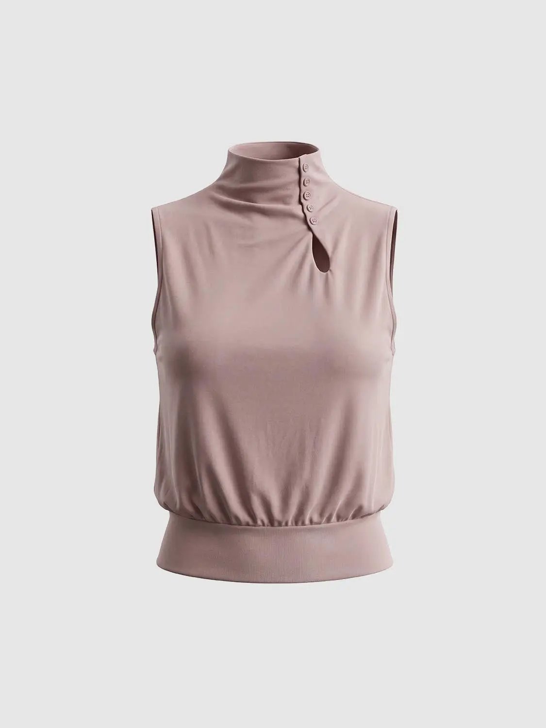 Keyhole Button Ribbed Hem Mock Neck Sleeveless Top