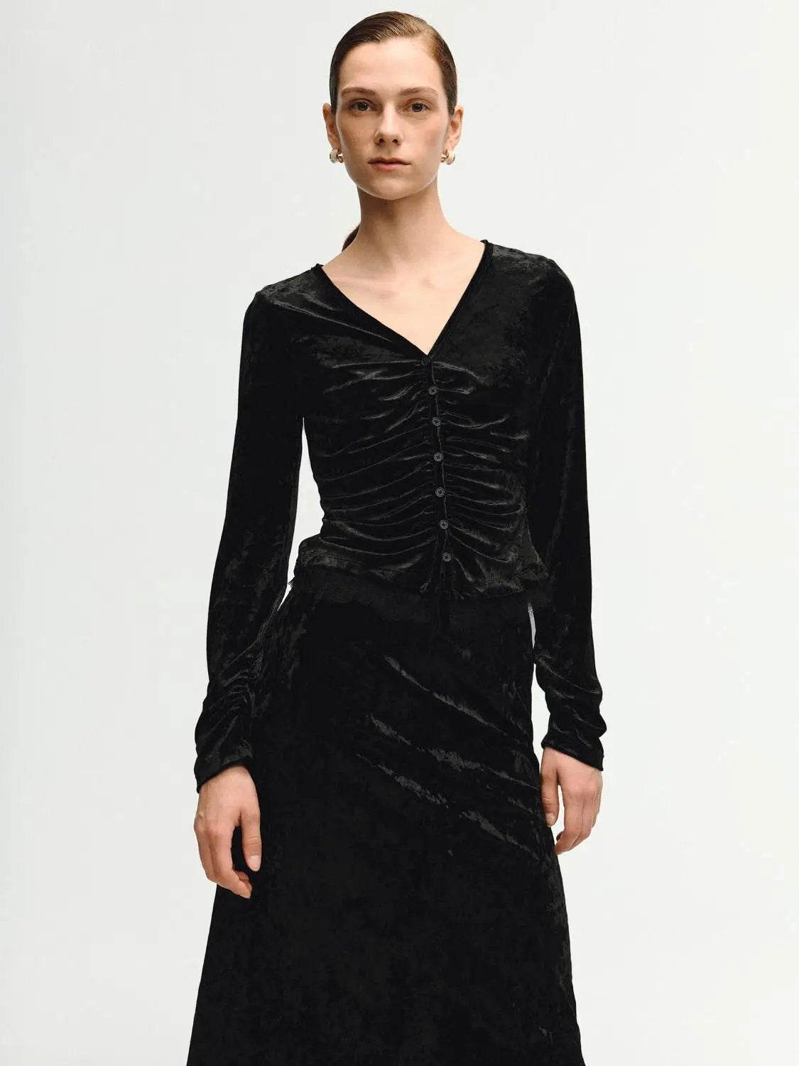 Ruched Textured Lace Hem Fitted V-neck Long Sleeve Blouse