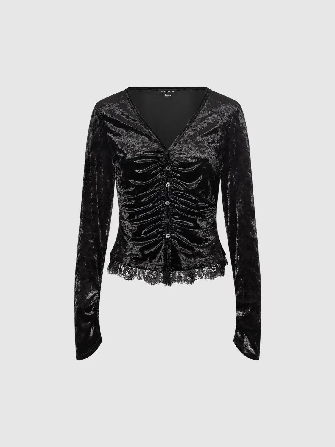 Ruched Textured Lace Hem Fitted V-neck Long Sleeve Blouse