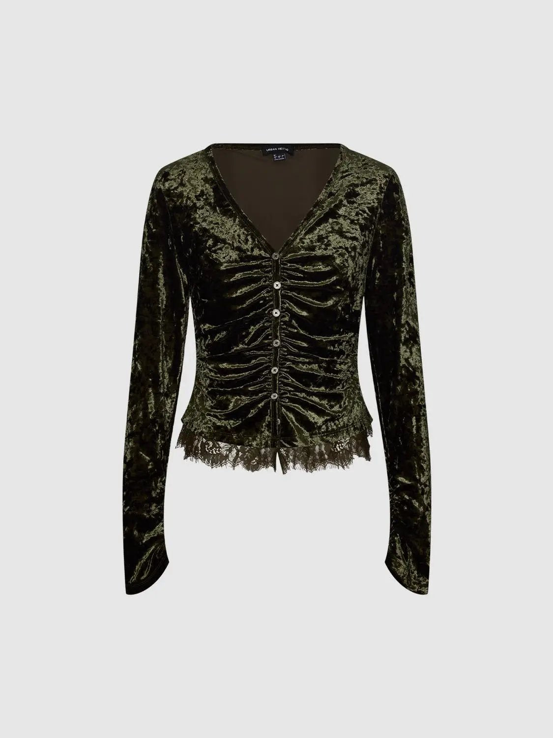 Ruched Textured Lace Hem Fitted V-neck Long Sleeve Blouse