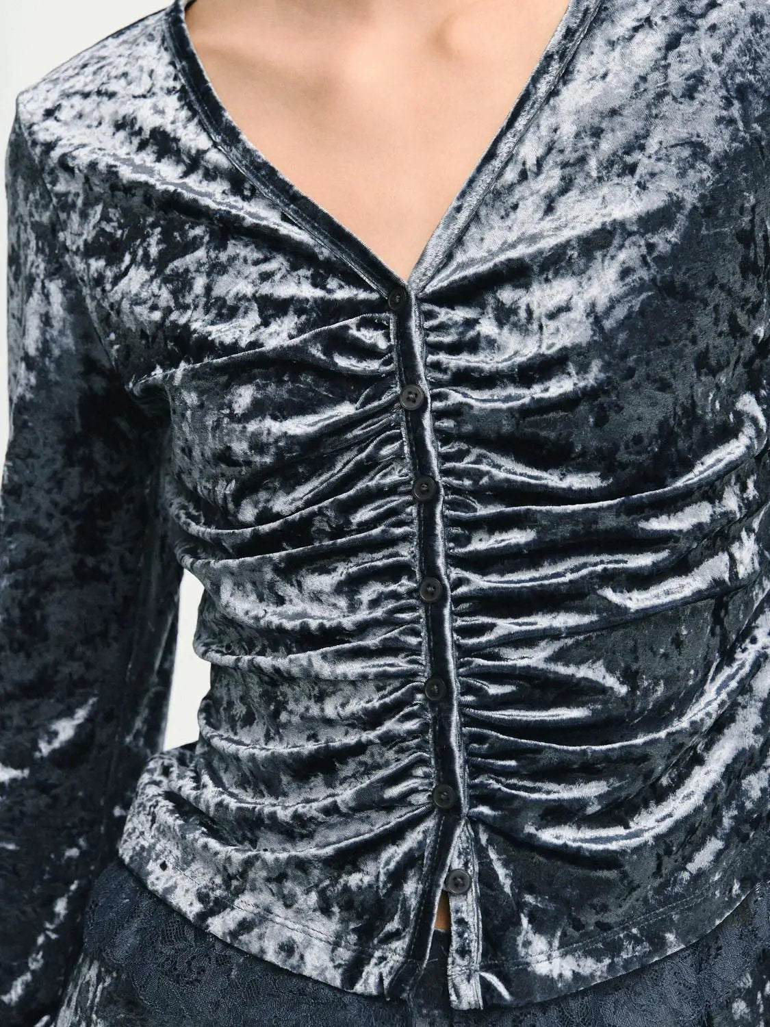 Ruched Textured Lace Hem Fitted V-neck Long Sleeve Blouse