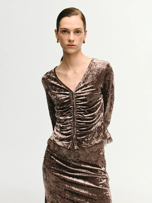Ruched Textured Lace Hem Fitted V-neck Long Sleeve Blouse