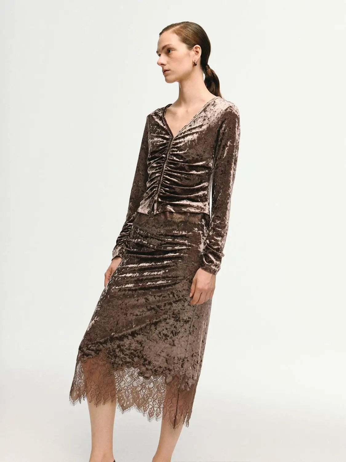 Ruched Textured Lace Hem Fitted V-neck Long Sleeve Blouse