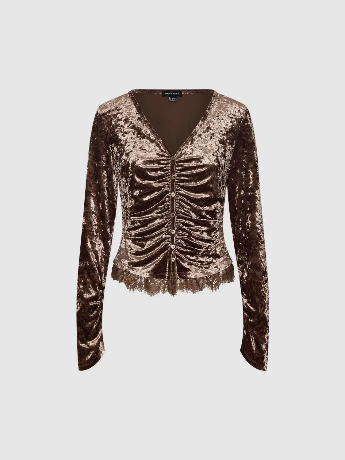 Ruched Textured Lace Hem Fitted V-neck Long Sleeve Blouse