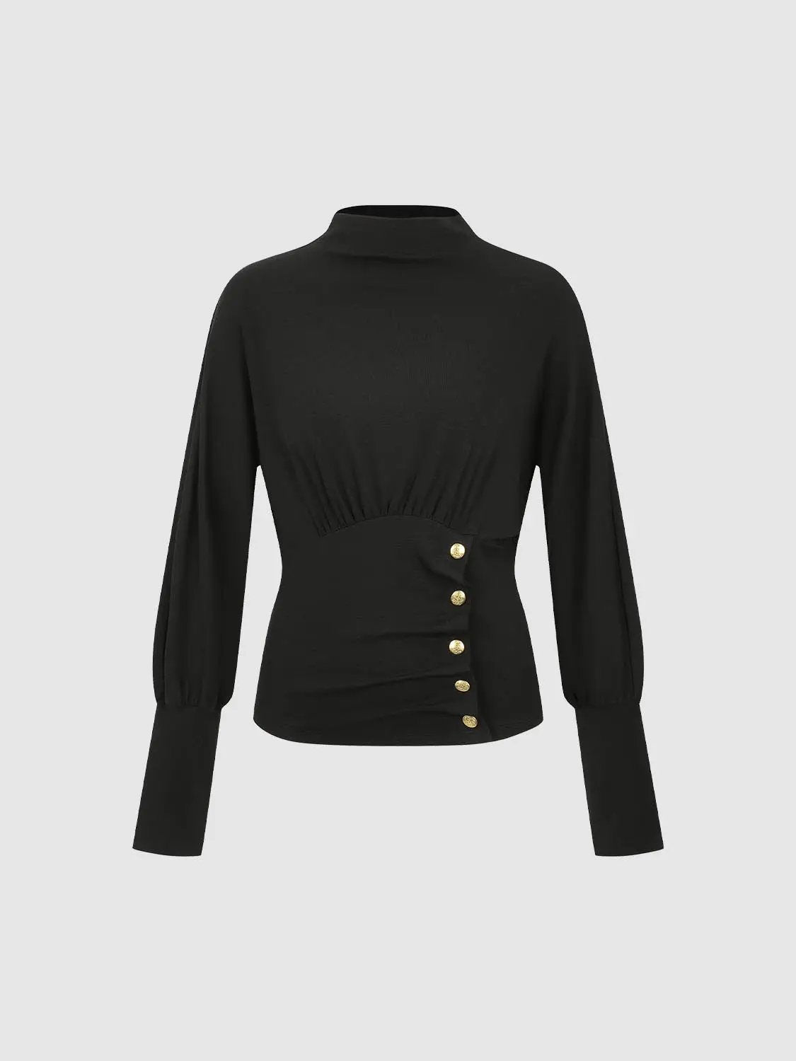 Ruched Side Button Detail Fitted Mock Neck Long Sleeve Top