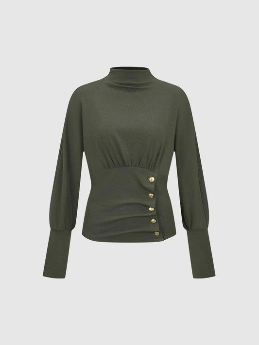 Ruched Side Button Detail Fitted Mock Neck Long Sleeve Top