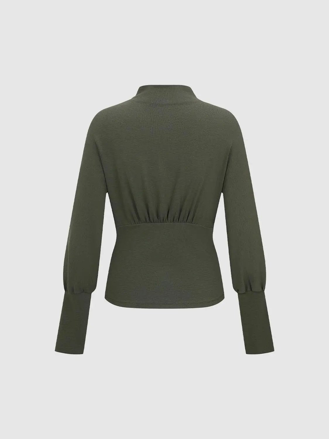 Ruched Side Button Detail Fitted Mock Neck Long Sleeve Top
