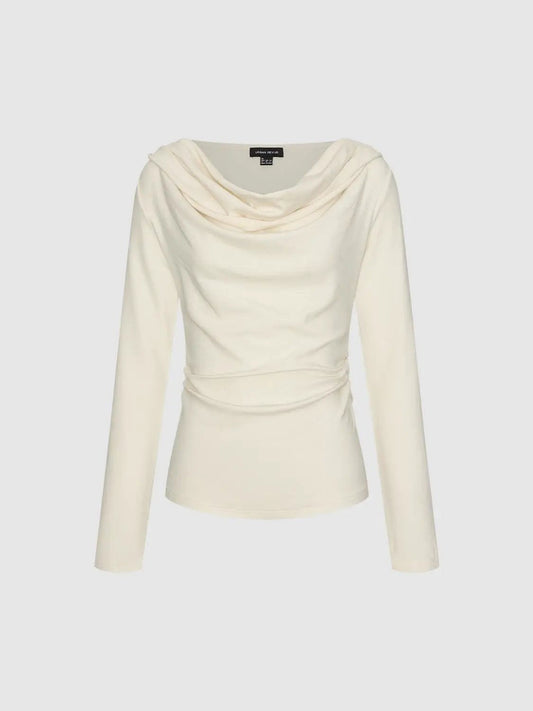 Ruched Cowl Neck Long Sleeve Fitted Cotton Blend T-Shirt