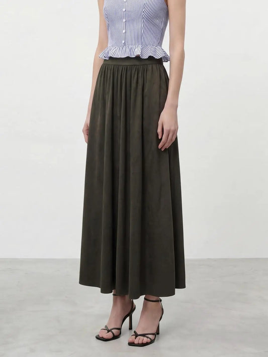Elastic Waist Gathered Crinkled A-Line Midi Skirt