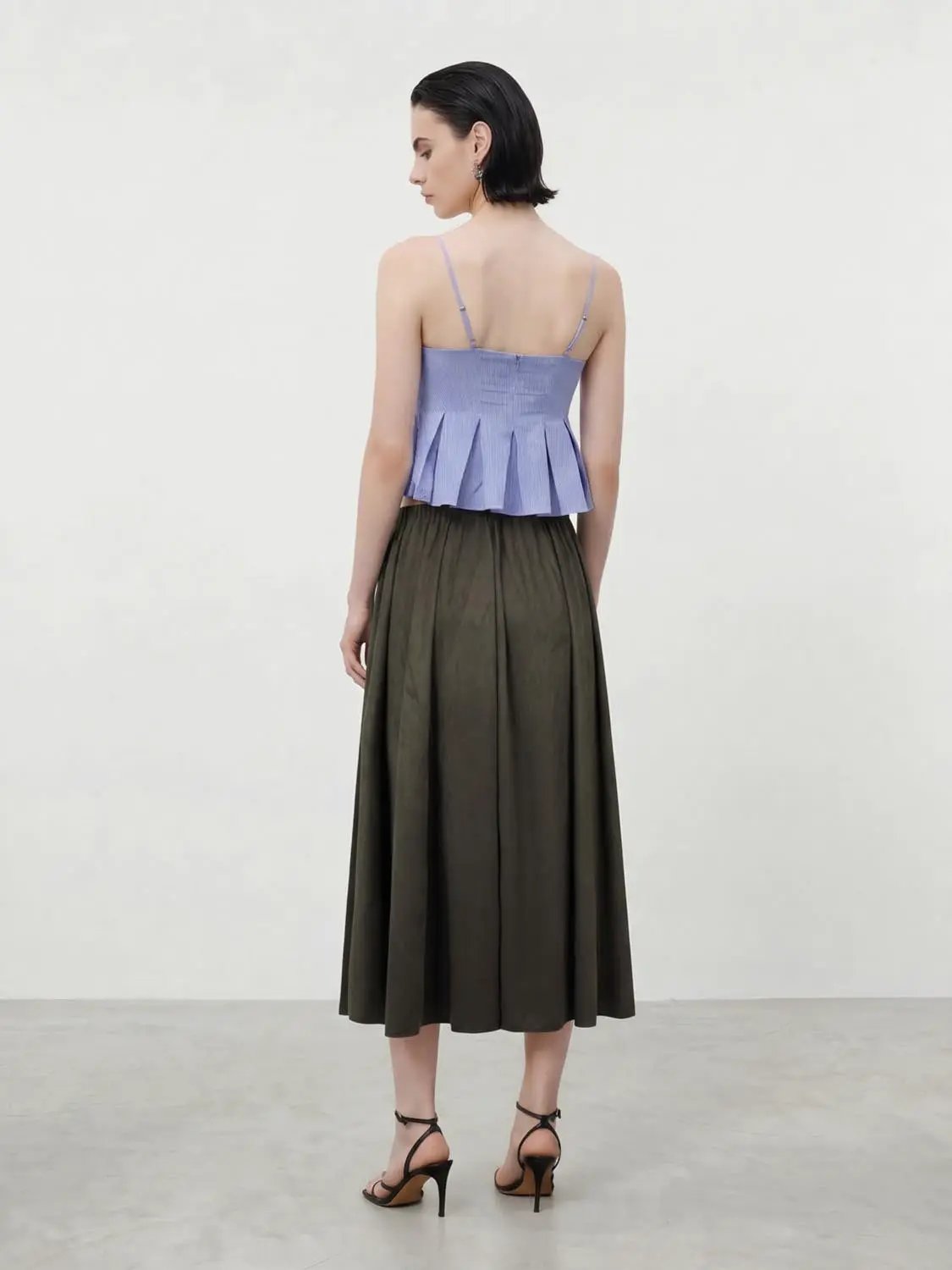 Elastic Waist Gathered Crinkled A-Line Midi Skirt