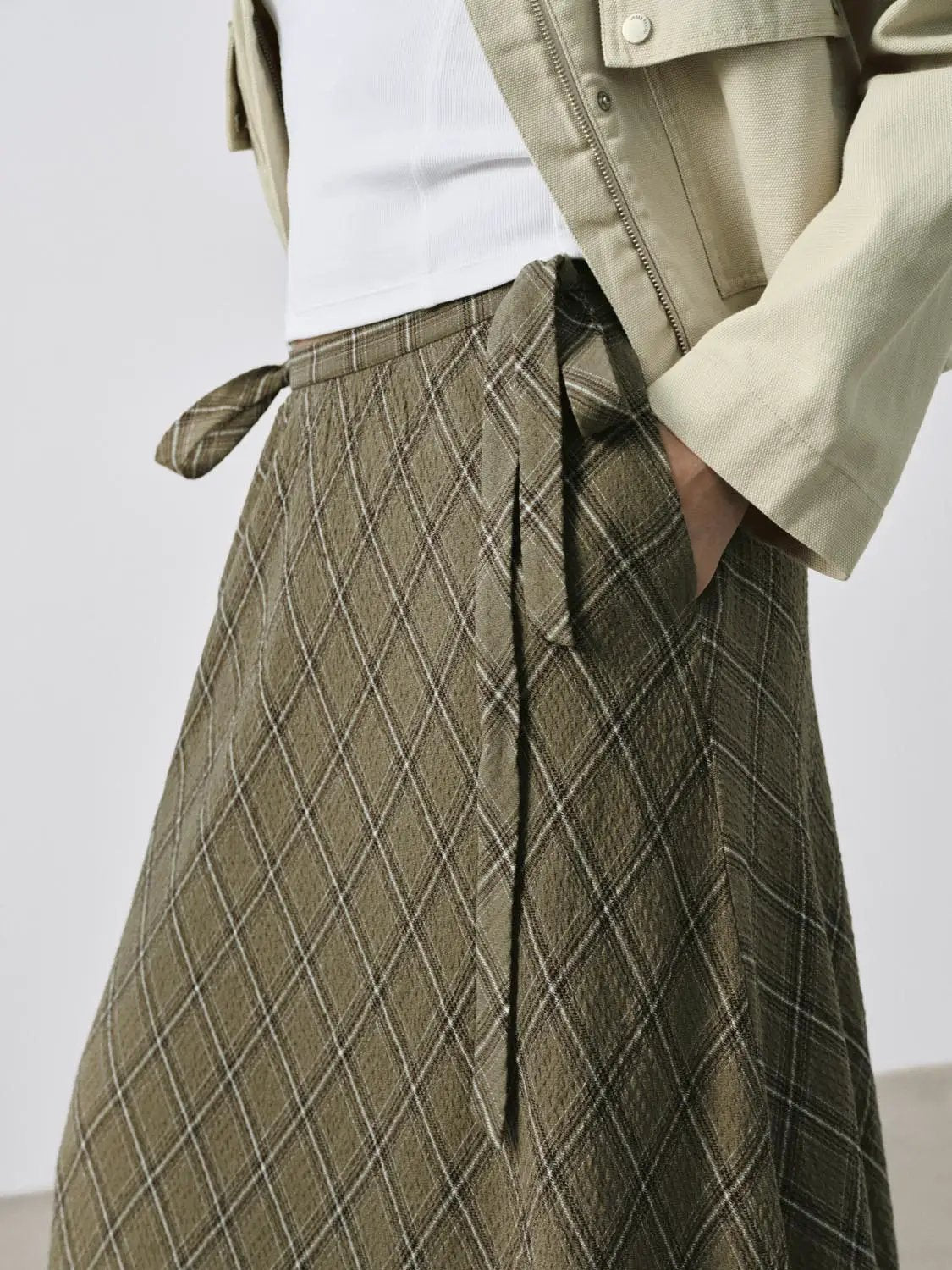 Belted Waist Plaid Print Flared A-Line Midi Skirt