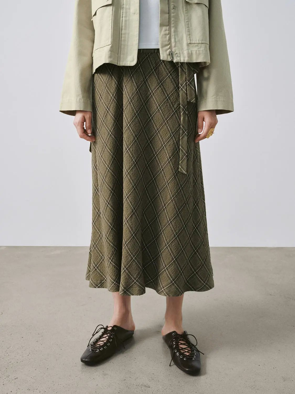 Belted Waist Plaid Print Flared A-Line Midi Skirt