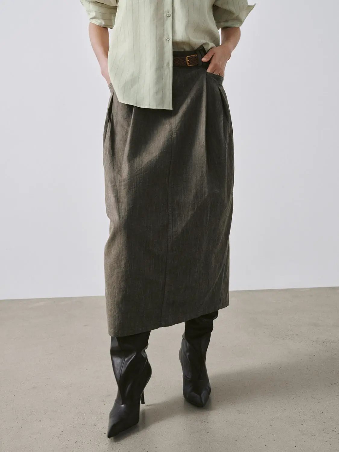 High Waist Pleated Belted Pocket Cotton Balloon Midi Skirt