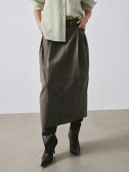 High Waist Pleated Belted Pocket Cotton Balloon Midi Skirt