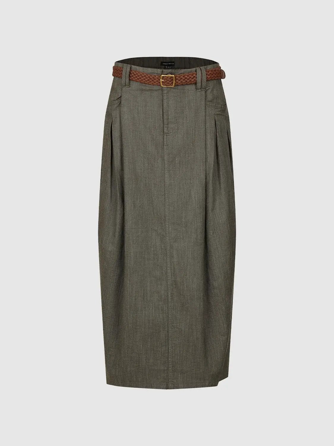 High Waist Pleated Belted Pocket Cotton Balloon Midi Skirt
