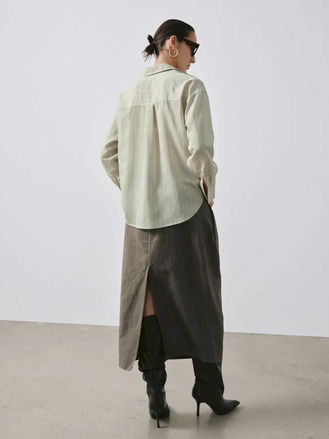 High Waist Pleated Belted Pocket Cotton Balloon Midi Skirt